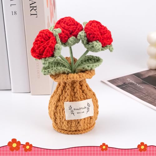 Rose Crochet Flower Plant, Small Cute Handmade Knitted Flowers with Vase, Small Crochet Potted Artificial Flower Plants for Desk Home Car Dashboard Office Decorations (Rose-Red) - color: Rose-red
