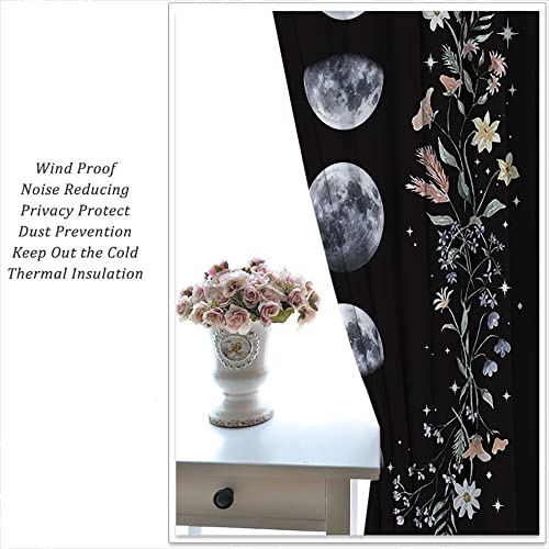 Boho Floral Wildflower Rod Pocket Blackout Curtains for Boy Girl Bedroom, Moon Phase Moonlit Garden Witchy Gothic Aesthetic Thermal Insulated Home Window Drapes for Living Room Darkening, 42x45 inch - color: Boho Floral Wildflower-003, size: 42"W x 45"L (