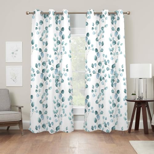 Renaiss Eucalyptus Leaf Curtains Green Eucalyptus Print Blackout Window Drapes for Bedroom Botanical Grommet Top Thermal Insulated Window Curtains for Living Room 29W x 45L 2 Panel Set - color: Eucalyptus, size: 29"W x 45"L (Pack of 2)