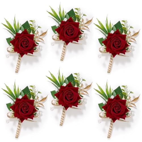 Serwalin 6PCS Burgundy Rose Boutonniere for Men Wedding Groom Groomsmen Best Man Boutonniere for Wedding Ceremony Anniversary Prom Flowers Formal Dinner Party, - color: Red, size: Boutonniere 6pcs