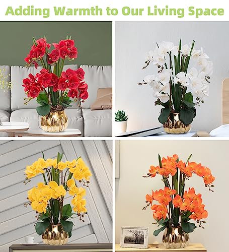 CXGS Artificial Orchid Flower Real Touch Faux Orchids in Ceramic Vase Large 22.9'' Fake Flowers Orange Phalaenopsis Floral for Home Indoor Decor - color: Orange- Golden (Large Pot)