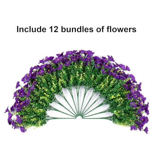 HyeFlora Artificial Flowers for Outdoors Fake Plants Outside Decoration, 12 Bundles Silk Purple Morning Glory with Eucalyptus UV Resistant Look Real Faux Flower for Planter Front Door Porch Patio Yard - color: Purple