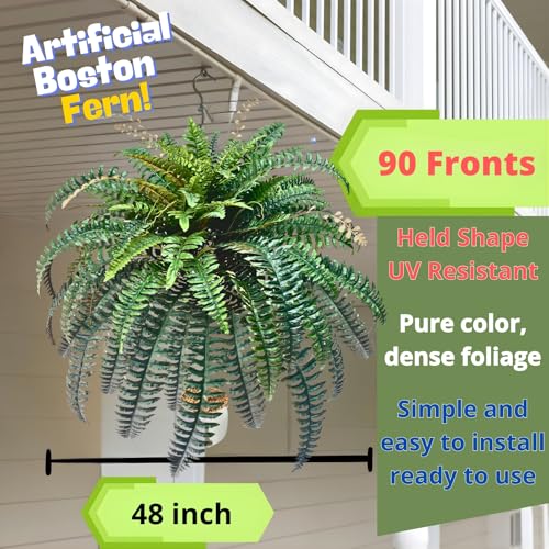 90 Branches Giant Artificial Boston Ferns for Outdoors Large –UV Resistant Lifelike Faux Fern, Realistic Silk Greenery Plants Large Office, Home Decor,48 Inch Fake Fern Leaf Green.No Base. - color: Leaf Green (90 Branches)