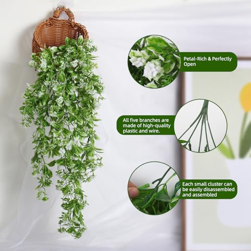 RECUTMS 2Pcs Artificial Hanging Flowers for Outdoors Decoration Fake Hanging Plants Faux White Flowers Artificial UV Resistant Plastic Greenery Vines Ivy for Outdoor Indoor Garden Party Decor（White） - color: White-rose