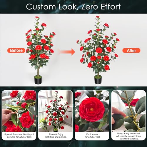 2Pack 47.24"/3.94FT Artificial Camellia Trees with 36 Red Flowers in Cement Pots – Lifelike Fake Trees for Front Porch, Home, Indoor Outdoor Spring Decor, Office or Housewarming Gifts - color: Red, size: 47.24 inchx2