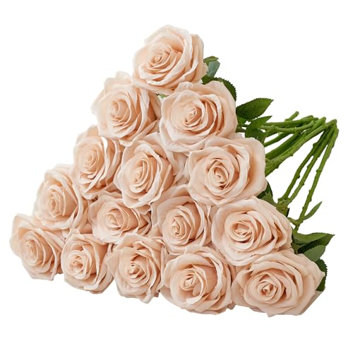 15pcs Fake Roses Artificial Silk Flowers Faux Rose Flower Long Stems Bouquet for Arrangement Wedding Centerpiece Party Home Kitchen Decor - color: 15pcs Champagne Pink