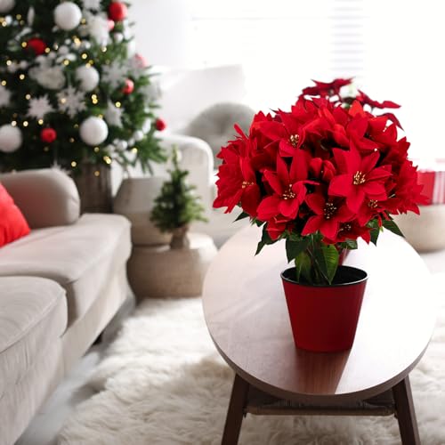 6 Pcs 15 Inch Artificial Poinsettia Bouquet, Faux Red 7 Stems Velvet Poinsettia Floral for Vases Wreaths Garland Indoor Outdoor Christmas Tree Ornament Home Porch Decorations - color: Red and White