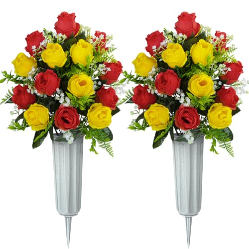 XONOR Artificial Cemetery Flowers for Grave Decorations, Artificial Memorial Roses Flowers Bouquet with Vase for Cemetery Headstones Decoration, 2 Sets (Red&Yellow) - color: Red&yellow