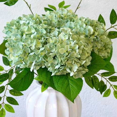 5 Pcs Hydrangea Artificial Flowers, Faux Silk Hydrangea Flores with Stems, Fake Flowers for Wedding Bouquet Kitchen Home Office Party Coffee Tables Vase Outdoor Decor (Green, 18.5 Inches) - color: Matcha Green