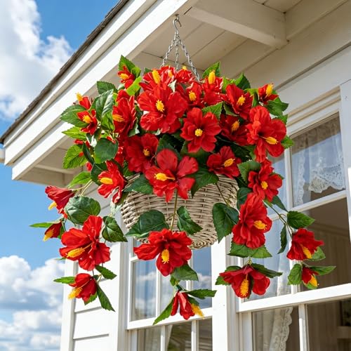 Briful 2PCS Artificial Hibiscus Flowers, 19.6in Tropical Faux Hibiscus Stems with Cascading Branches, Red Hibiscus Bouquet for Vase, Hanging Basket, Porch, Wedding, Party, Indoor Outdoor Decor - color: Red#940