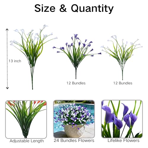 INXUGAO 24 Bundles Calla Lily Artificial Flowers for Outdoors, UV Resistant Faux Plastic Flowers for Home Porch Yards, Fake Plants for Spring Summer Cemetery Decor (Purple White) - color: Purple White, size: 24 Pcs