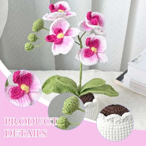 Handmade Crochet Phalaenopsis Orchid Potted Plants Knitted Artificial Orchid Phalaenopsis Flowers with Exquisite Pot for Home Office Wedding Table Centerpiece Decoration,Pink - color: Pink