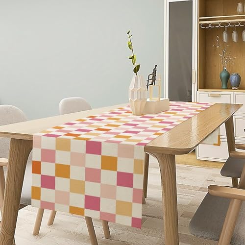 Groovy Hippie 1970s Table Runner Vintage Geometric Pink Orange Checkered Dinner Runner for Country Farmhouse Kitchen Birthday Party Holiday 36X13inch - color: Checkered-2, size: L36"x W13"