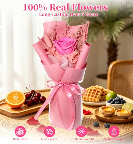 Preserved Flowers Bouquet,Flowers For Delivery,Pink Rose Bouquets,Birthday Flowers Gifts For Women Mom Grandma Wife Friends,Real Roses Gift From Daughter Valentine’S Day Mothers Day Anniversary - color: Pink, size: Rose Bouquet