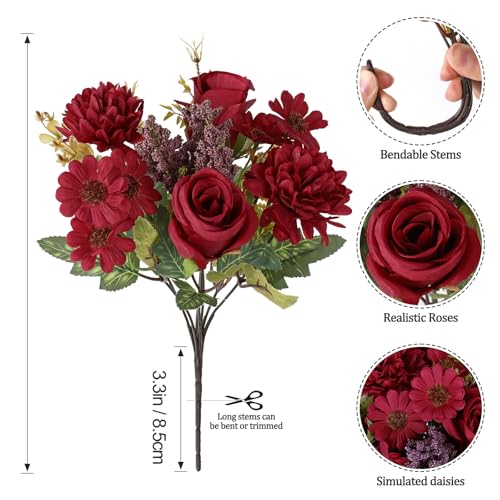 Dremisland Artificial Flowers 4 Bundles Burgundy Fake Roses Silk Bouquets with Daisy Chrysanthemum Artificial Faux Flowers Floral Arrangements for Valentines Day Wedding Table Centerpiece Party Decor - color: Burgundy, size: 4PCS