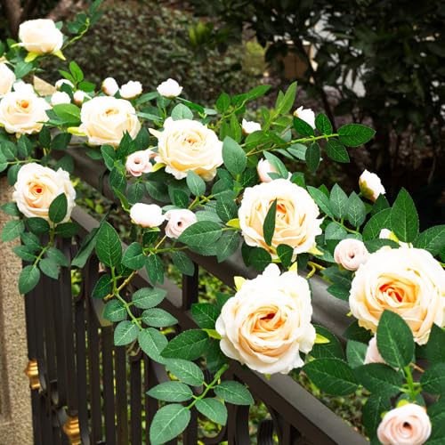 2 PCS 12FT Bendable Flower Garland, Artificial Rose Vine Hanging Floral Garland Decoration for Weding Home Room Wall Decor(Champagne) - color: Champagne, size: 2pcs