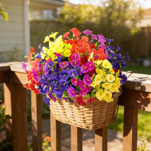 BSGlobal 12 Bundles Artificial Flowers for Outdoors Decoration, Fake Silk Morning Glory Flowers UV Resistant Faux Eucalyptus Plants for Home Garden Balcony Yard Porch(Mix) - color: 4 Mixed Colors(3 Fuchsia/3 Purple/3 Yellow/3 Red)
