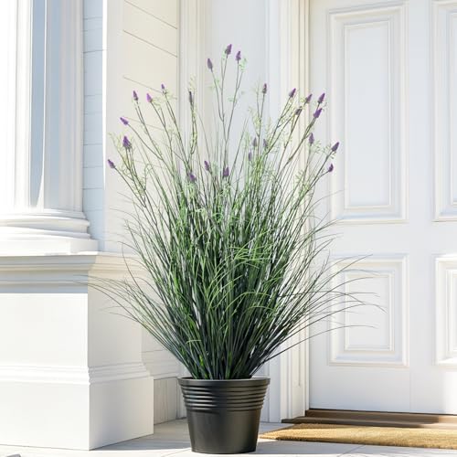 Lifelike Fake Lavender Faux Plastic plantas Synthetic Pampas Grass Indoor Outdoor Realistic Floor Plants Artificial Tall Grass Plant for Home Office Wedding Patio Front Decor Housewarming Gift - color: Artificial Feather Grass, size: 3.2FT