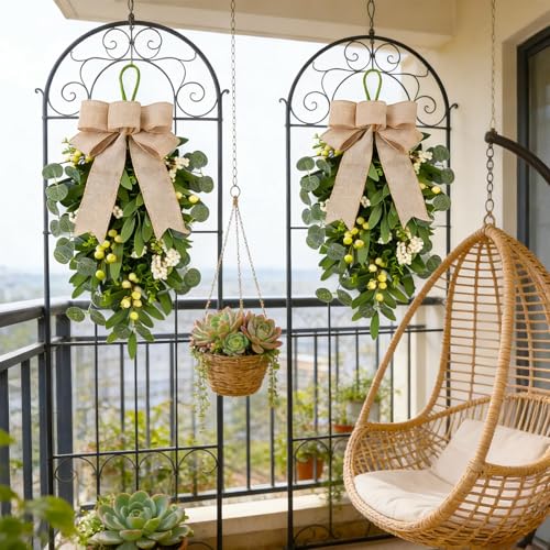2 PCS 22" Artificial Green Eucalyptus Teardrop Swag for Front Door Greenery Swag Spring Summer Olive Kitchen Cabinet Wreath with White Berry for Farmhouse Home Porch Wall Window Festival Wedding Decor - color: Green Eucalyptus