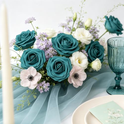 Artificial Flowers, 50pcs Artificial Rose for DIY Wedding Bouquets Centerpieces Arrangements, Dark Teal Fake Rose with Stems for Birthday Bridal Shower Graduation Events Decoration - color: Dark Teal, size: 50pcs