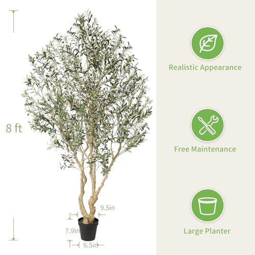 Realead Artificial Olive Tree 8ft - Large Faux Olive Tree with Realistic Leaves and Olives - Full and Grand Design Fake Olive Tree with Sturdy Base for Indoor Office Decor - size: 8ft
