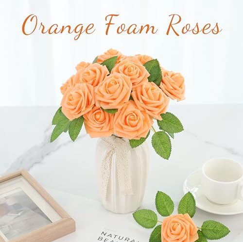 16 Pcs Orange Roses Artificial Flowers | Orange Foam Roses with Stems, Artificial Flowers for DIY Gothic Decor, Halloween Arrangements, Home Accents - color: Orange
