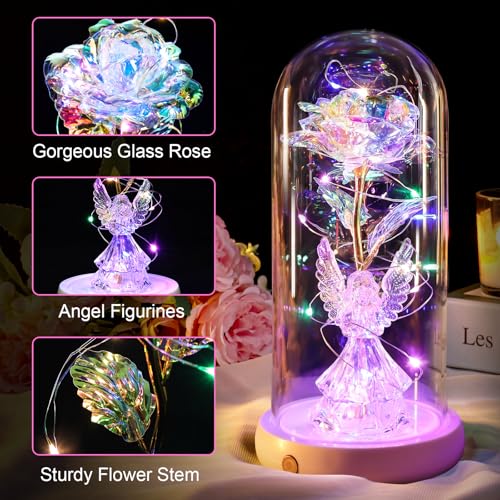 Gifts for Mom Birthday Gifts for Women Angel Rose USB Rechargeable Light Up Flowers in Glass Dome, Angel Figurine Anniversary Preserved Flowers Gifts for Mom Women Wife Grandma Her - color: New-angel