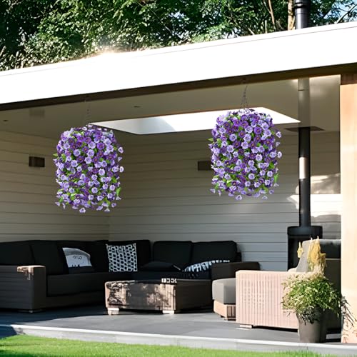 Homsunny Artificial Fake Hanging Flowers Plants Baskets for Outdoor Spring Summer Decorations,Faux Morning Glory Silk Flower for Outside UV Resistant Patio Yard Home Porch Decor(Purple) - color: Purple
