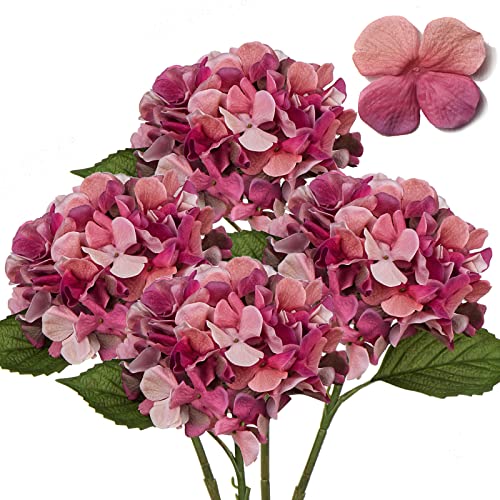 DILATATA 4 Pcs Dried Touch Hydrangeas Artificial Flowers 17" Tall Large Silk Hydrangea Stems Fake Hydrangea Arrangements for Home Office Table Centerpieces-Purple Hydrangea - color: Bashful Pink, size: 4PCS