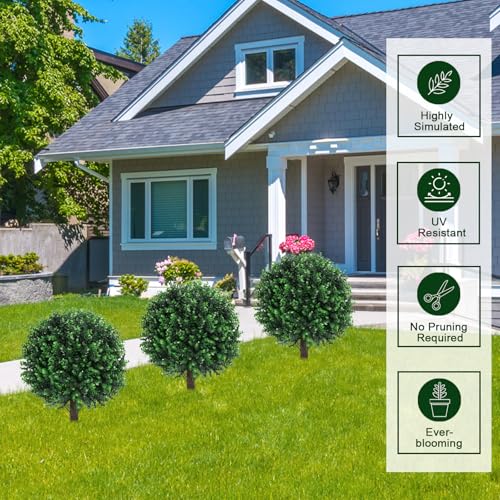 2PCS Faux Boxwood Plants Outdoor Artificial Topiary Ball Trees | Fake Eucalyptus Bush & Shrub / UV Resistant / No Fade / Sturdy Build / No Maintenance / with Spike / Front Porch Decor - color: Eucalyptus