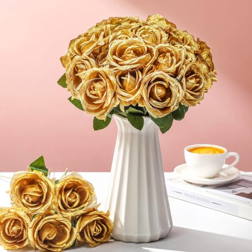 Thiccywoov 30 Pcs Rose Artificial Flowers in Bulk Lifelike Long Stem Silk Roses Bouquets Realistic Faux Flowers for Wedding Bridal Shower Home Decor Floral Arrangements Table Centerpiece(Gold) - color: Gold
