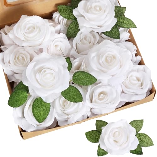 20pcs White Roses Artificial Flowers Fake Roses Real Looking Silk Flowers Bulk Big Faux Roses with Stems for Wedding Centerpieces Table Home Party Decor Bridal Floral Arrangements (White) - color: White