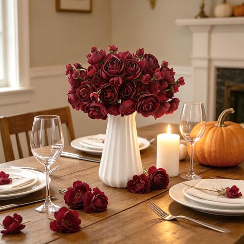 24 Stems Artificial Ranunculus Flowers, 96 Bloom Faux Silk Ranunculus Bouquet for Wedding Decorations, Home Décor, Holiday Arrangements & Large Event Centerpieces (Burgundy) - color: Burgundy