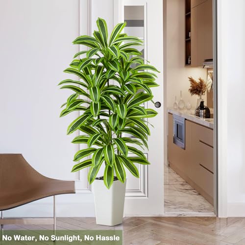 Artificial Yellow Dracaena Tree - 6FT Tall Fake Plants with White Tall Planter - Artificial Plants Indoor Floor Plant in Pot - Large Tropical Fake Yucca Potted Tree for Home Office Living Room Decor - color: White-yellow Leaf, size: 6 FT