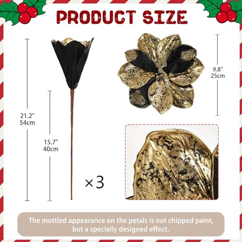 Briful 3PCS Magnolia Artificial Flowers 21.2" Black Gold Fake Magnolia Flower Stems with Specially Designed Mottled Petals Christmas Tree Flowers for Holiday Wreath Garland Xmas Decor - color: Black Gold