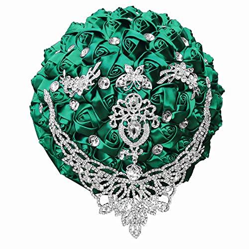 XINNI Emerald Green Wedding Bridal Toss Bouquet for Bride Bridesmaid Satin Rose Flower Wedding Bouquet with Drop-Shaped Rhinestones Dark Green - color: Dark Green