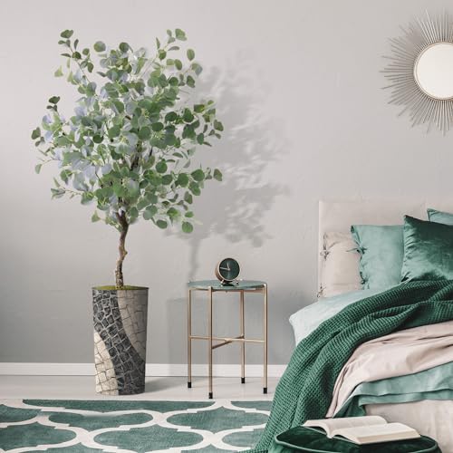 Artificial Tree in Geometric Pattern Planter, Fake Eucalyptus Silk Tree for Indoor and Outdoor Home Decoration - 66" Overall Tall (Plant Pot Plus Tree) - style: Eucalyptus Tree
