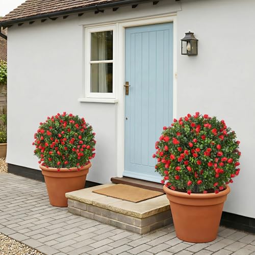 Dense Red Rose Artificial Topiary Ball Trees 24 Inch, Set of 2 Fake Plants with Ground Spike, UV Resistant No Fade Outdoor Faux Shrubs for Spring Garden, Patio, Porch, Yard, Indoor Decor - color: Rose