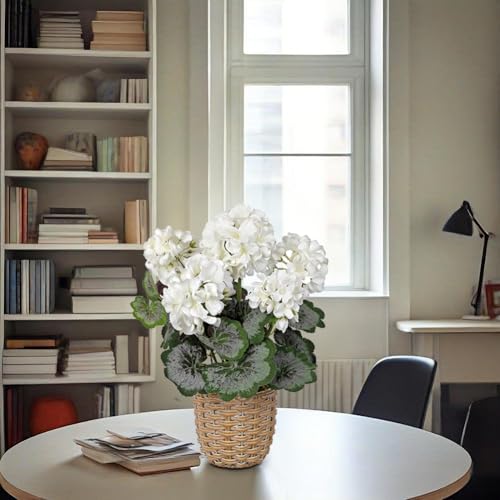 Briful Artificial White Geranium Flowers in Woven Basket, 14.5’’ Tall Silk Flower Arrangement, Realistic Geraniums Artificial Outdoor Plants for Home Indoor Farmhouse Table Wedding Centerpiece Decor - color: 14.5'' Tall White, Woven Basin
