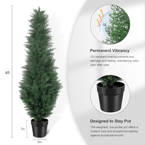 4FT Artificial Cedar Trees, Set of 2 - UV Resistant Realistic Faux Evergreen Cypress Trees, Adjustable Branches, All Weather for Front Porch, Outdoor Planters, Indoor Home Decor - size: 4ft