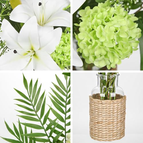 Hollyone Fake Flowers with Vase, Easter Lily Flowers, White Silk Tiger Lily and Hydrangea Artificial Flowers in Vase, Faux Plants and Flowers Arrangement Bouquets for Table Centerpieces Home Decor - color: White