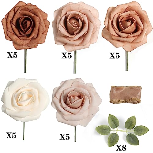 Rose Artificial Flowers 25pcs Dusty Rose Ombre Colors Foam Fake Roses with Stems for DIY Wedding Bouquets Bridal Shower Centerpieces Party Tables Home Decorations - color: Dusty Roses