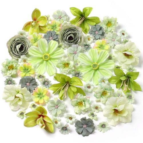 Fake Flower Heads Bulk - Green Silk Daisy & Rose Artificial Flower for Crafts, DIY, Graduation Cap, Wedding, Party, Cake Topper, Home Garland Decor - color: Green
