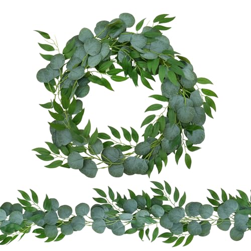2 Pack Artificial Eucalyptus Garland Each 6.5 FT Faux Greenery Garland for Wedding Mantle Table Runner DIY Garlands Decor - color: Green-2