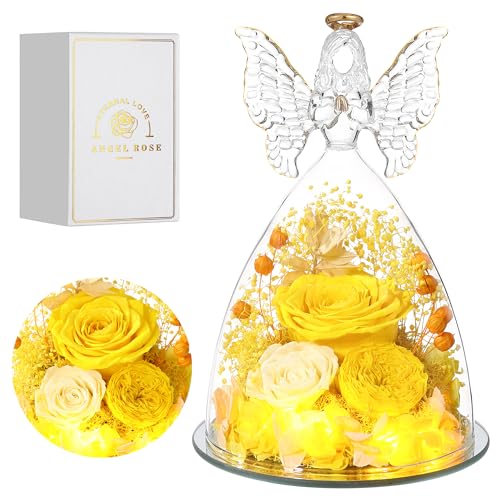 Mothers Day Rose Gifts for Women Preserved Real Flower in Glass Angel Figurines Roses for Delivery Prime Birthday Gifts for Mom Grandma Girlfriend Wife Her,Yellow Austin Roses - color: Yellow With Austin Roses