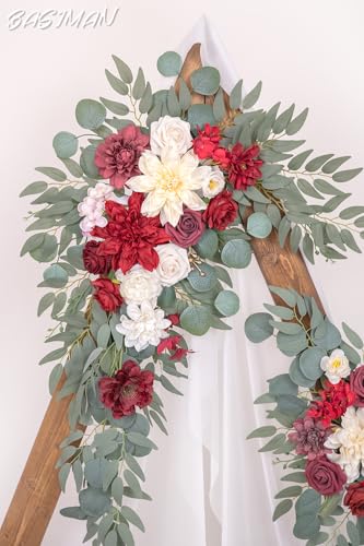 Arch Flowers with Drapes Kit (Pack of 3) for Wedding Ceremony Arbor and Reception Backdrop Decoration Wedding Welcome Signs Floral Birthday Party Decoration - color: Red Pink and Marsala