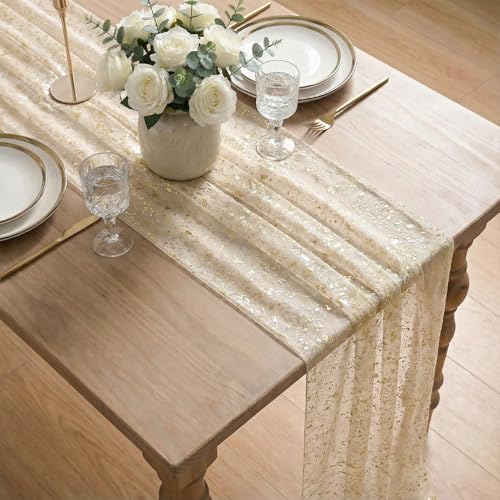 Artoid Mode Gold Gauze Champagne Table Runner 120 Inch 10FT, Glitter Metallic Foil Sheer Dining Wedding Anniversary Holiday Birthday Table Decor for Home Party - color: Champagne, size: 28" x 120"