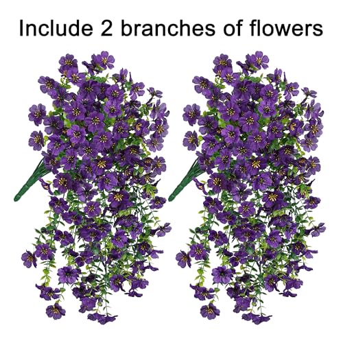 Artificial Faux Hanging Flowers Plants for Spring Outdoor Outside Decoration, 2 PCS Fake Silk Daisy with Eucalyptus UV Resistant Realistic Trailing Vines for Balcony Patio Porch (Dark Purple) - color: Dark Purple