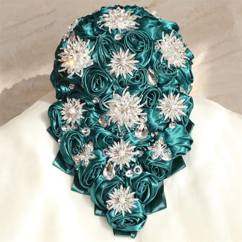 Luxury Cascade Bridal Wedding Bouquet Satin Rose Waterfall Holding Bouquet Artificial Flower Bunch for Bride Bridesmaid(Dark Green, 15" x 7.5") - color: Dark Green #1, size: 15"L x 7.5"W(38cm x 19cm)