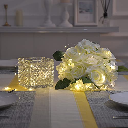Fule Artificial Silk Rose Flower Centerpiece Arrangement in Glass Vase with LED Light for Home Wedding Decoration (White) - color: White